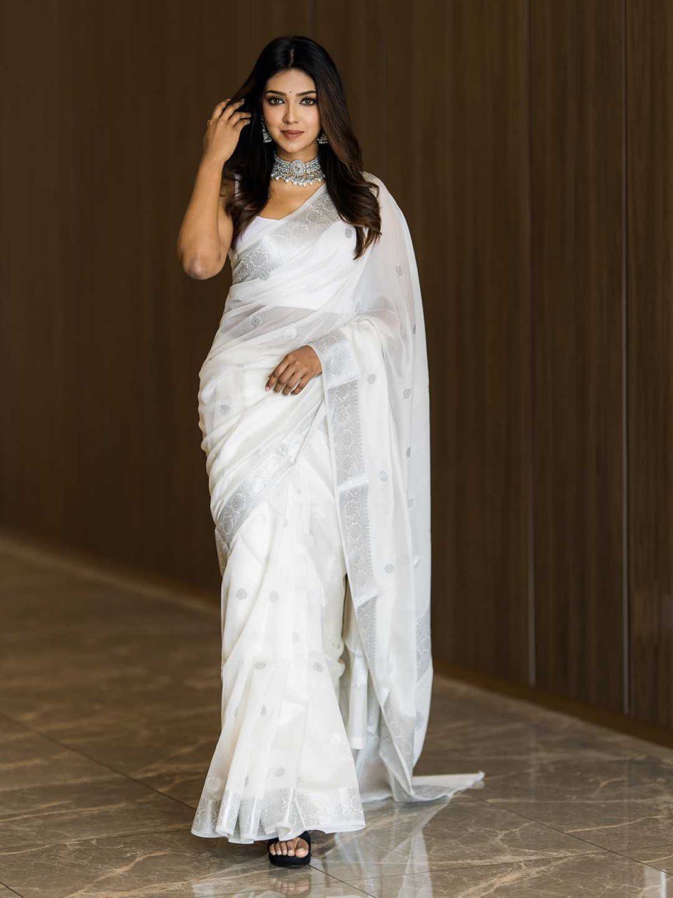 white jacquard woven design banarasi cotton blend saree