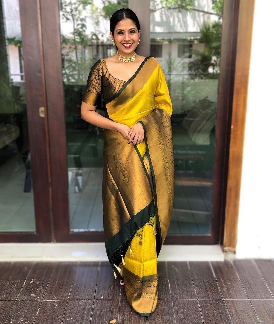 yellow soft litchi silk saree for haldi ceremony