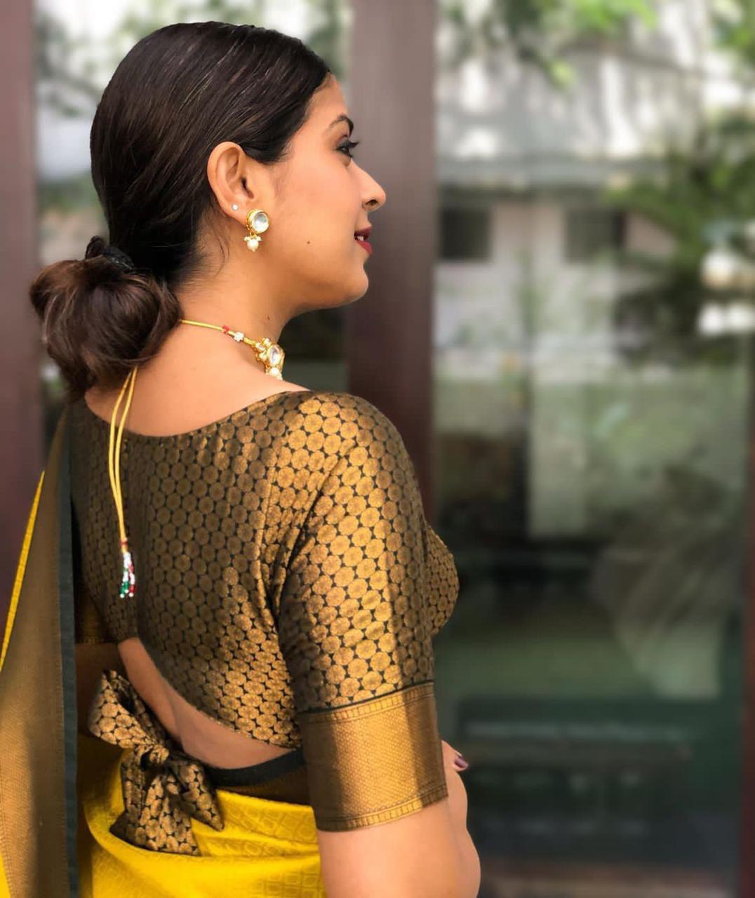 Haldi Ceremony Designer Yellow Litchi Silk Saree With Un-Stitched Blouse