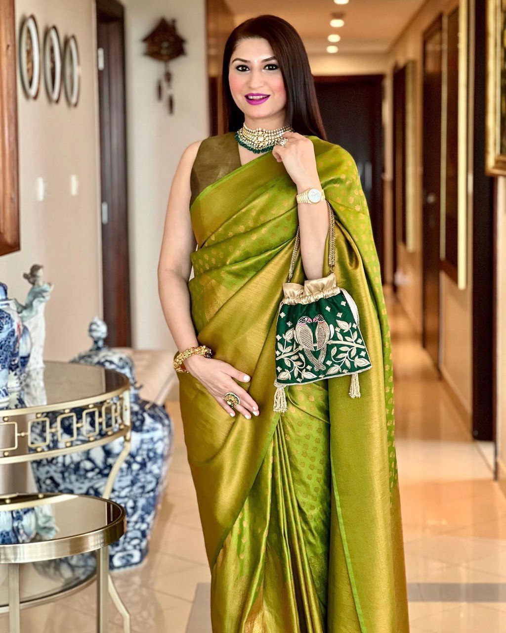 Opulent Green Zari Woven Lichi Silk Banarasi Saree, Exuding Elegance and Charm