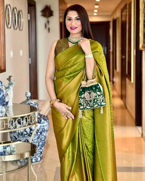Green Color Zari Woven Lichi Silk Banarasi Saree for Women - Vootbuy