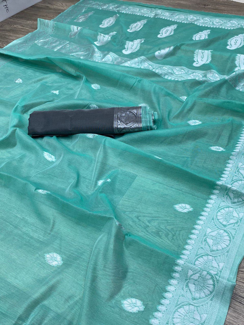 linen cotton saree with embroidery work