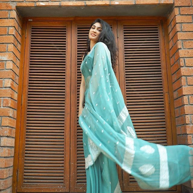 Mint Green Cotton Linen Saree with Embroidery Work | Vootbuy