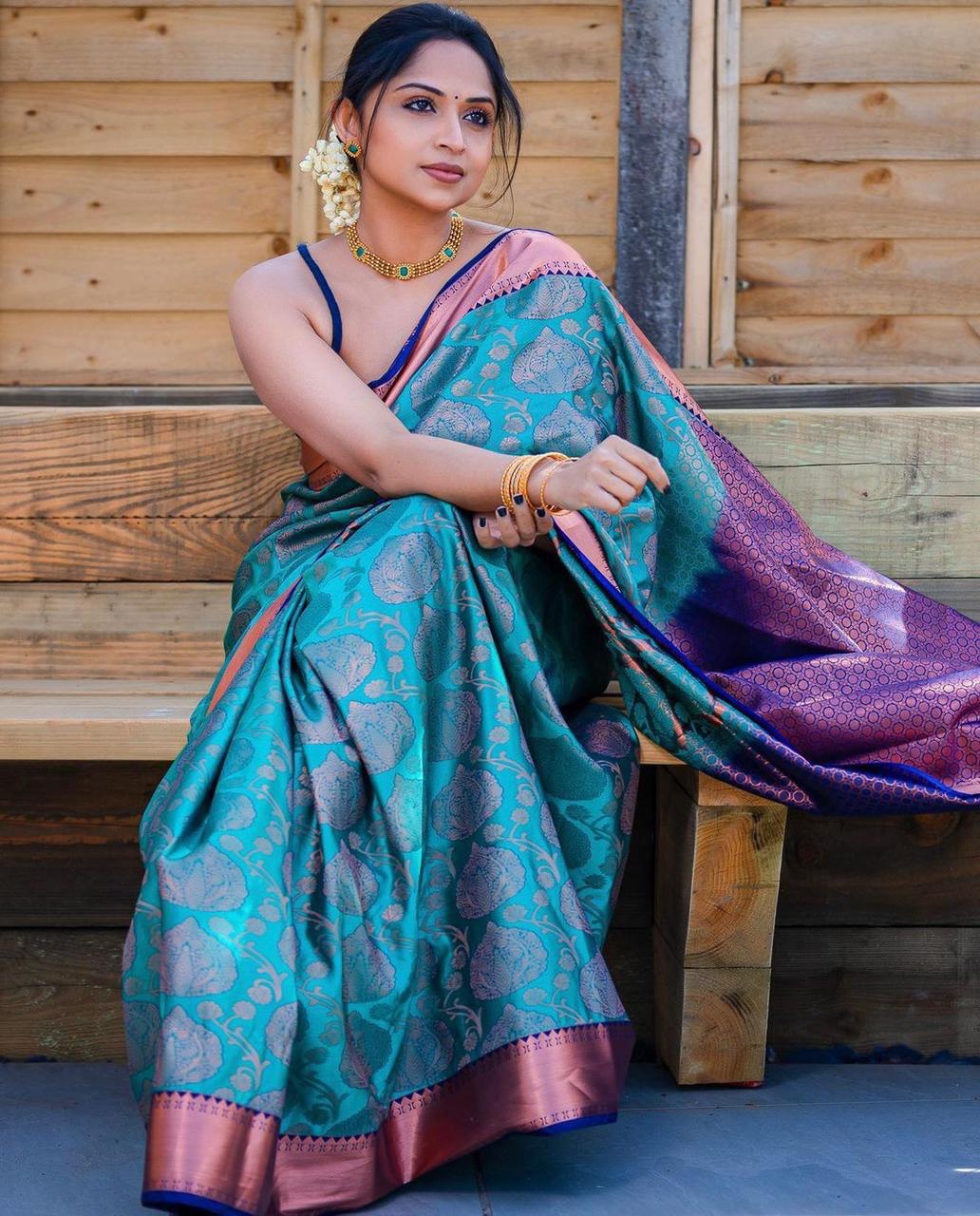 sky blue zari woven fancy jacquard saree for wedding
