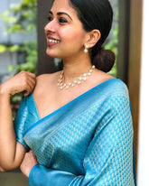 Blue Color Zari Weaving Banarasi Soft Lichi Silk Jacquard Saree