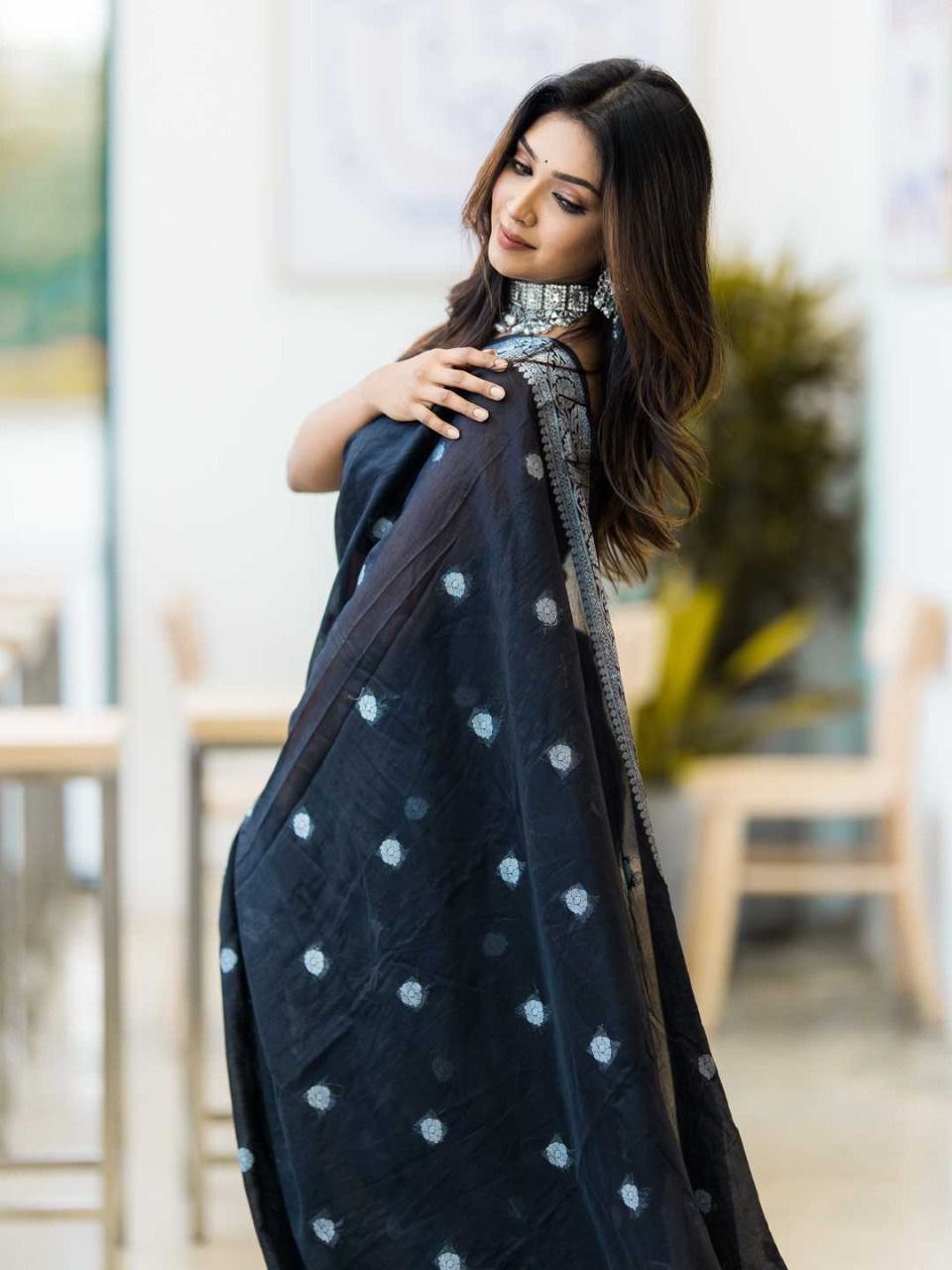 Women's Luxuries Zari Woven Bollywood Cotton Linen Saree by Vootbuy