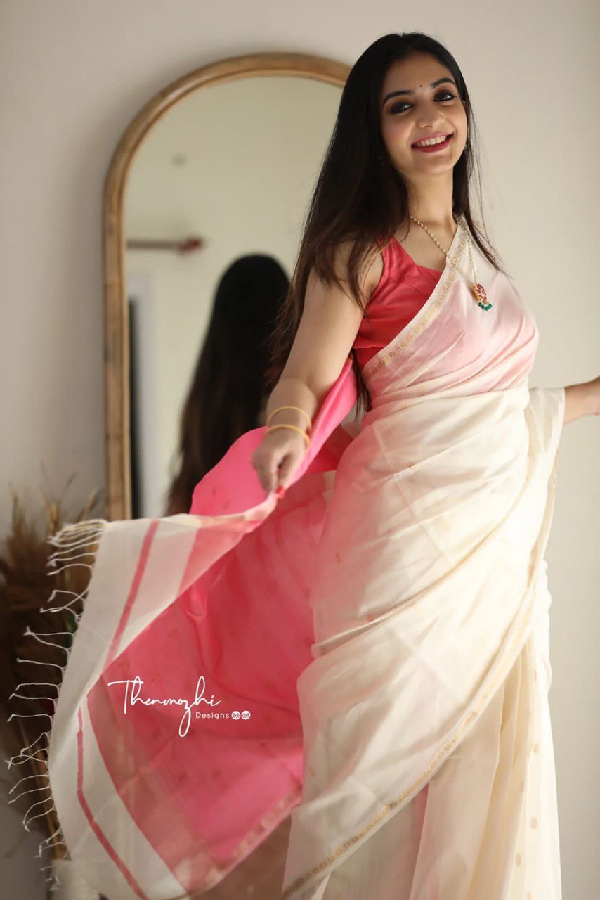 white and pink linen cotton saree for women