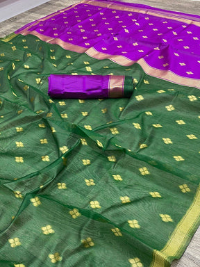 Women's Self Zari Woven Design Soft Linen Cotton Saree in Green | Vootbuy