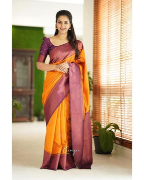 Yellow Color Kadwa Weave Lichi Silk Saree for Women by Vootbuy