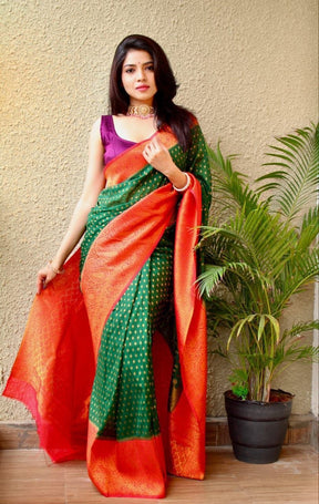 Green & Red Zari Woven Jacquard Work Saree for Casual Wear - Vootbuy