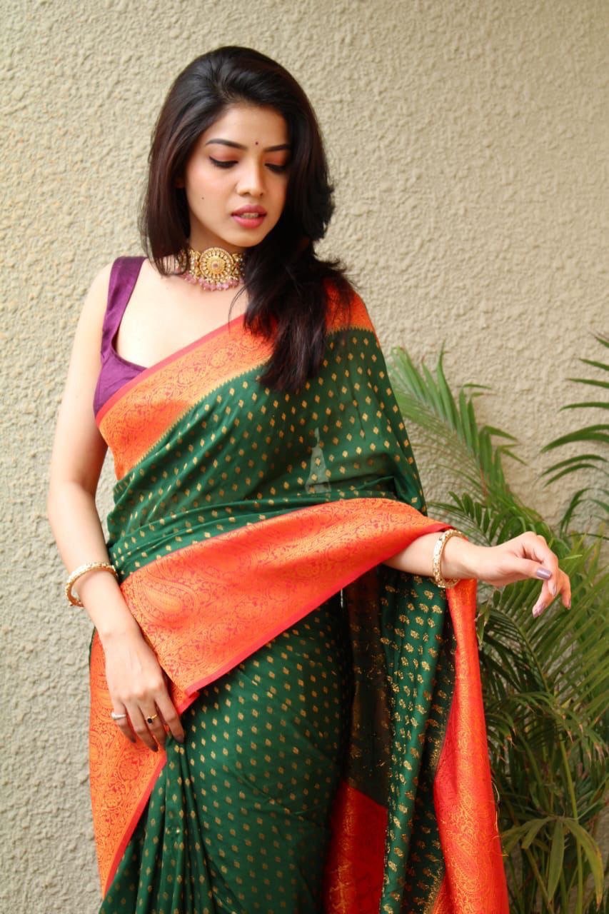 Green & Red Zari Woven Jacquard Work Saree for Casual Wear - Vootbuy