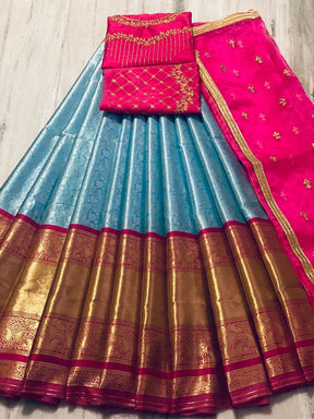 Blue & Red Kanjivaram Embroidery Half Silk Banarasi Saree