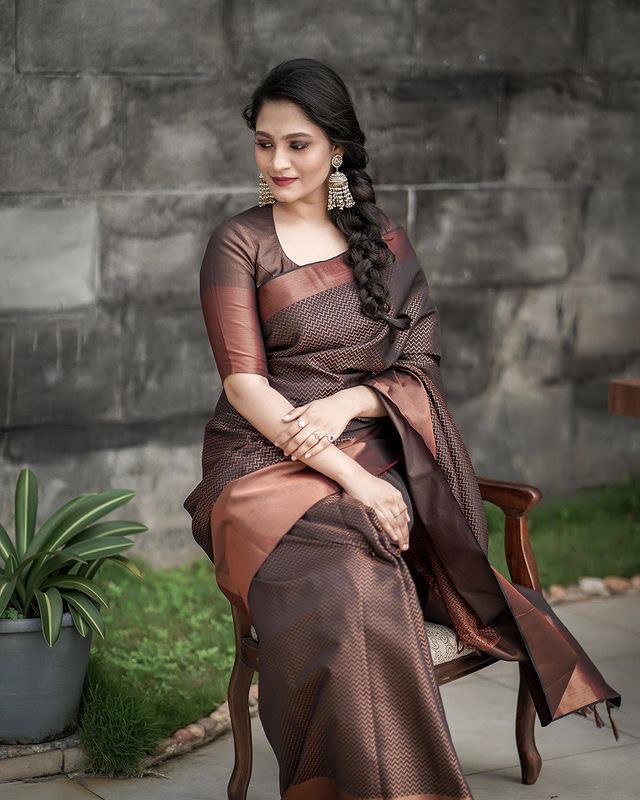 brown zigzag woven kanjivaram soft silk jacquard saree