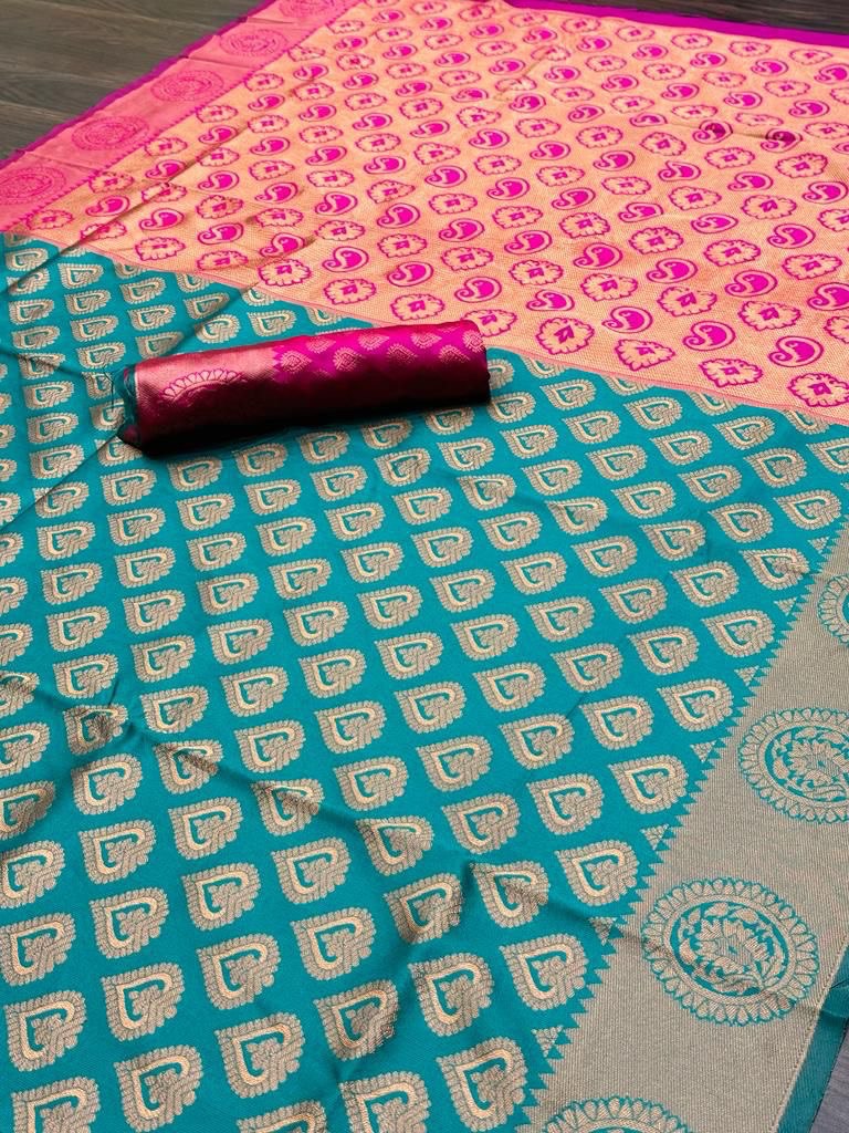 Blue Color Heavy Zari Design Banarasi Soft Silk Saree for Women's