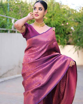 Exquisite Purple Wedding Printed Banarasi Silk Blend Saree