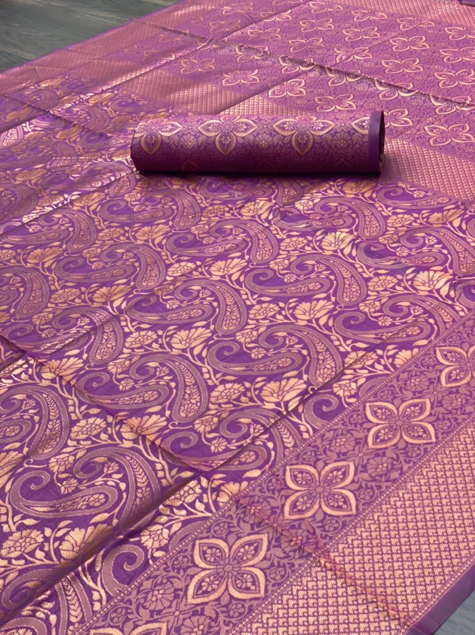 New Purple Color Printed Banarasi Silk Blend Saree for Wedding | Vootbuy