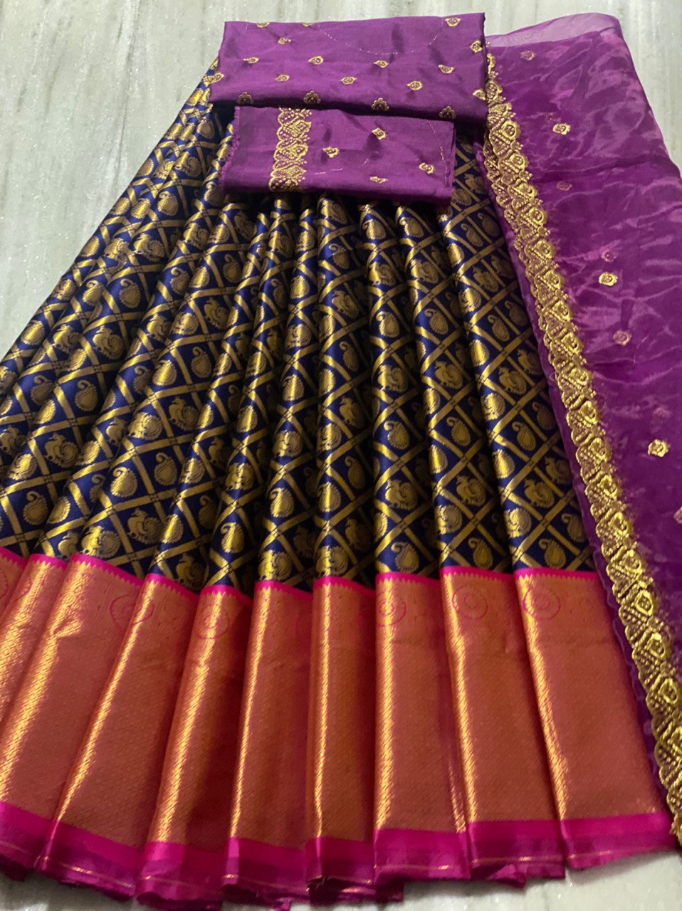 Navy Blue Color Lehenga Kanjivaram Silk Zari Half Sarees