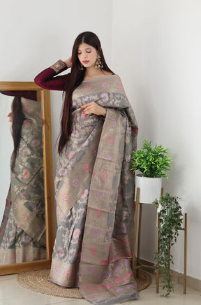 Grey Color Pure Kanjivaram Organza Silk Saree for Party Wear | Vootbuy