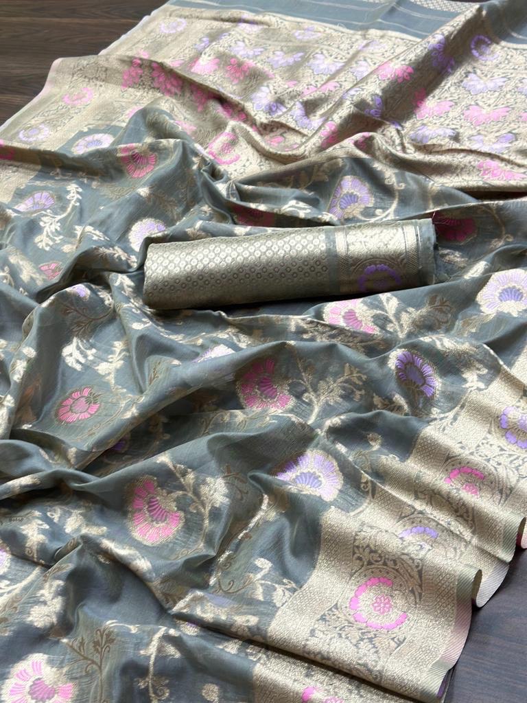 Grey Color Pure Kanjivaram Organza Silk Saree for Party Wear | Vootbuy