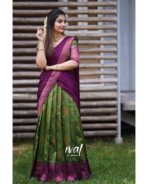 Green Color Pure Zari Weaving Half Saree for Women's by Vootbuy