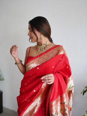 Red Color Zari Woven Design Paithani Silk Blend Saree by Vootbuy