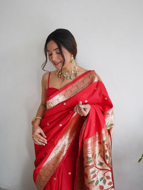 Red Color Zari Woven Design Paithani Silk Blend Saree by Vootbuy