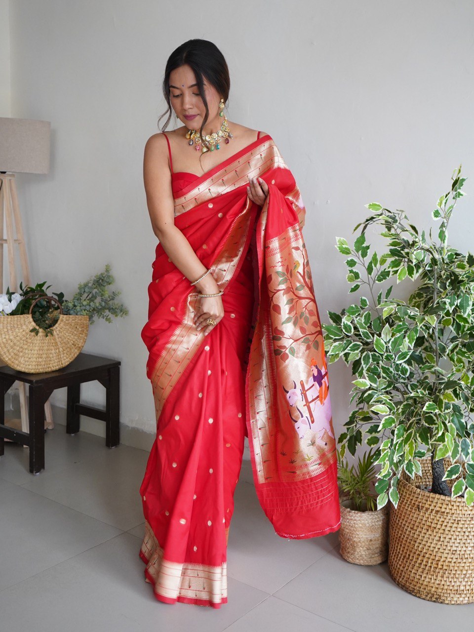 red silk blend saree for women