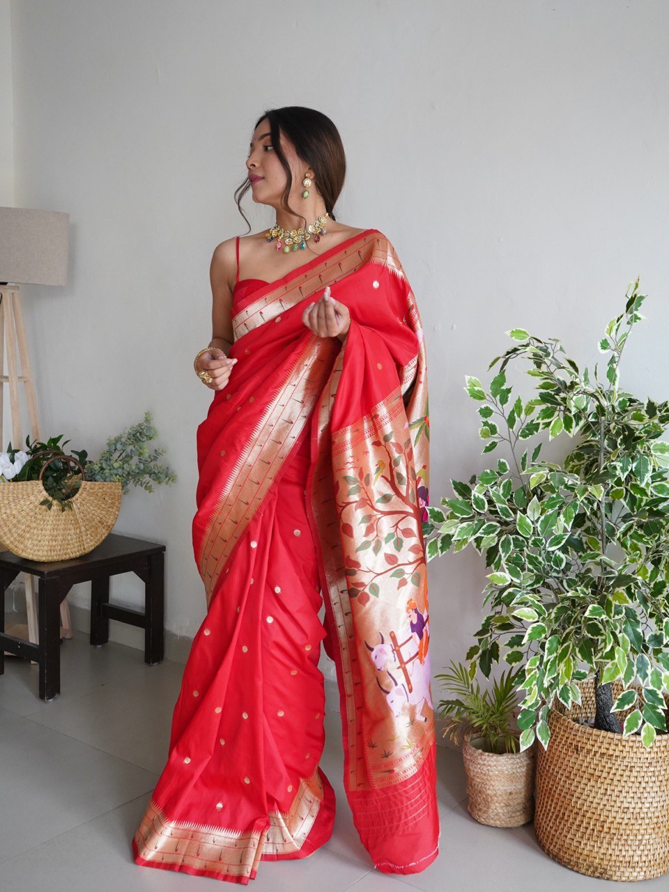 red zari woven design paithani silk blend saree