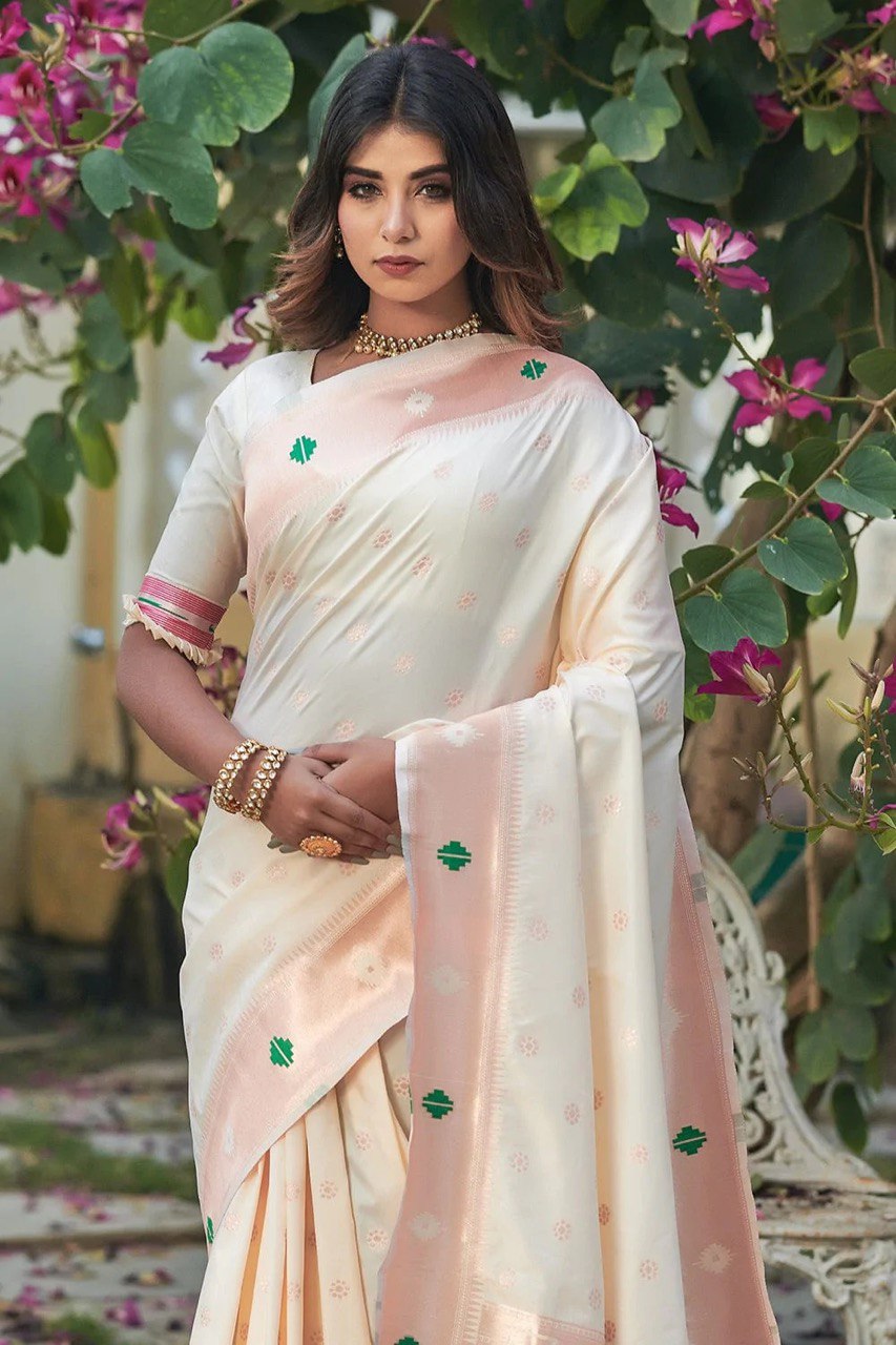 Zari Woven Daisy White Paithani Soft Silk Banarasi Saree by Vootbuy