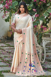 Elegant Daisy White Paithani Soft Silk Banarasi Saree, Perfect for Traditional Affairs