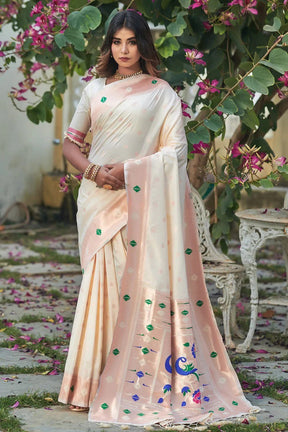 Women's Rose Gold Woven Design Paithani Pure Silk Saree with Zari Border