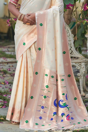 Zari Woven Daisy White Paithani Soft Silk Banarasi Saree by Vootbuy