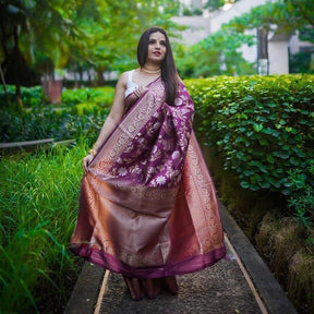 Attractive Wine Color Floral Printed Banarasi Soft Silk Saree | Vootbuy