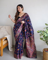 Glamorous Blue Banarasi Saree with Intricate Zari Weaving, Perfect for Parties