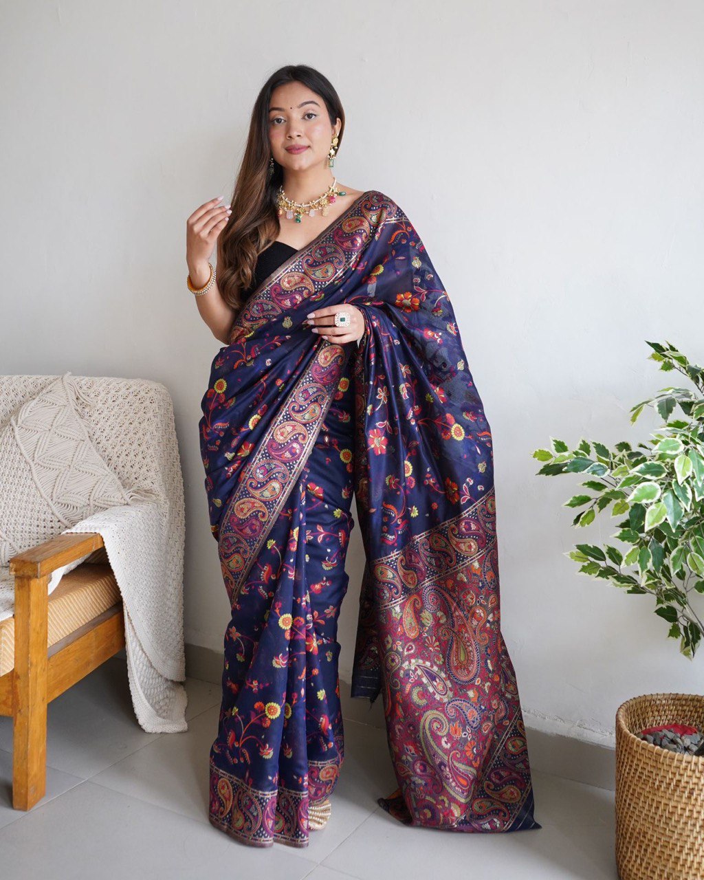 Luxurious Blue Banarasi Silk Saree Adorned with Delicate Zari Weaving for Parties