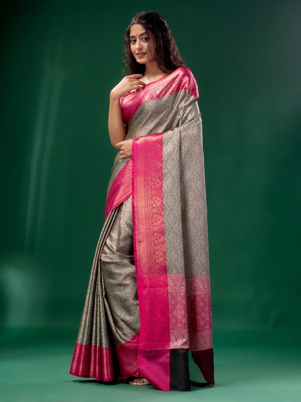 Elegant Grey Banarasi Soft Lichi Silk Saree, a Timeless Wedding Ensemble