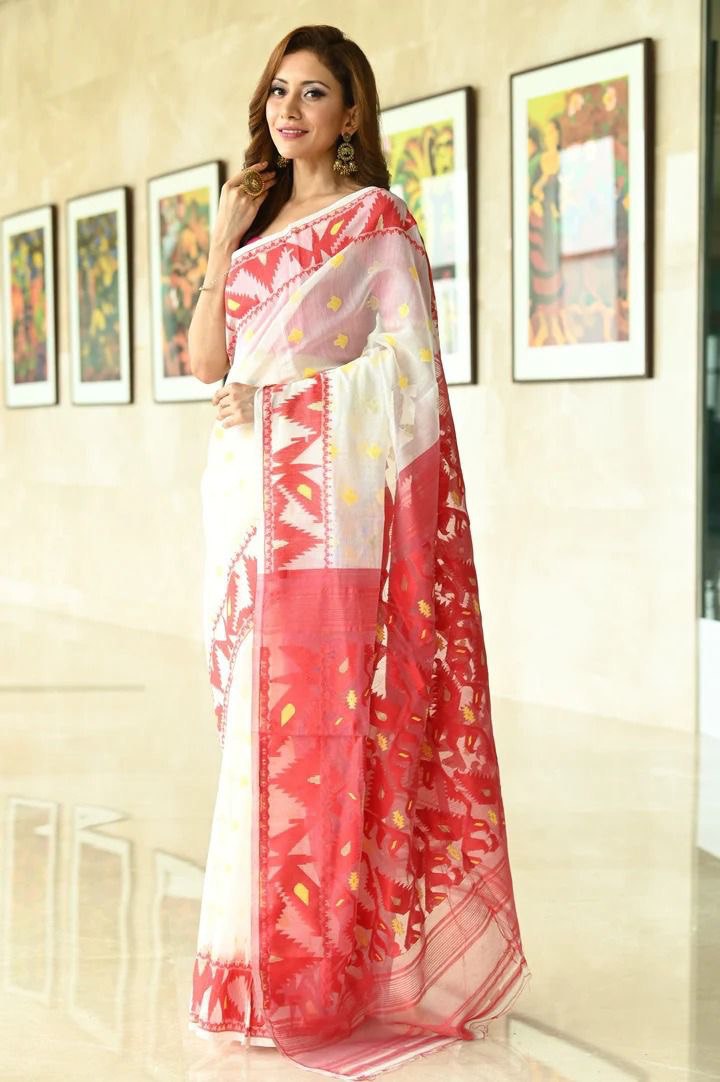 white linen banarasi cotton jacquard work saree