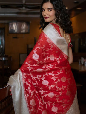 Beautiful Design Red Semi Silk Saree with Zari Weaving Work | Vootbuy