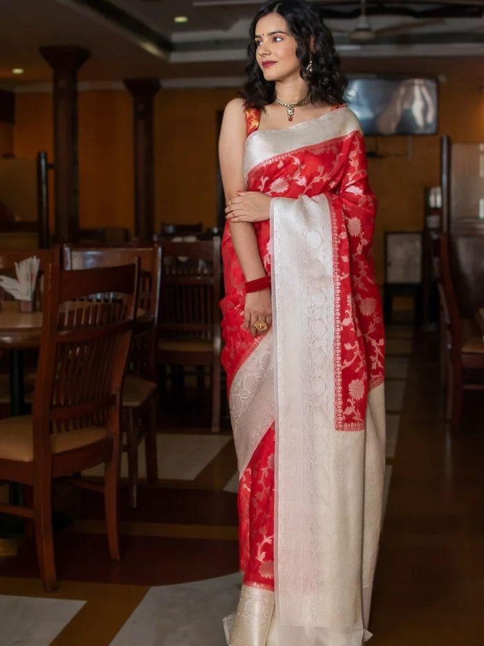 Party Wear Pure Banarasi Hand Woven Semi Silk Saree by Vootbuy