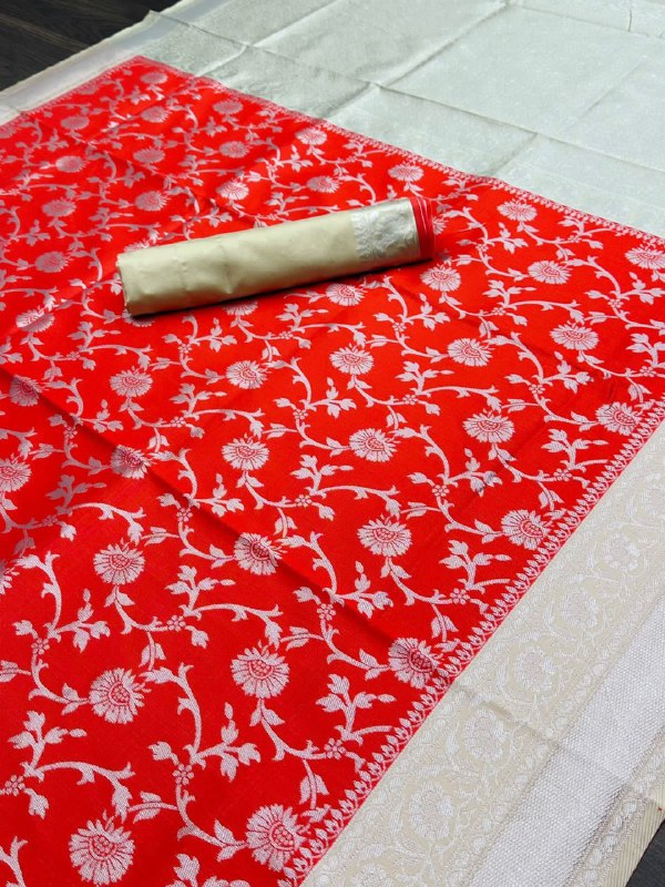 Beautiful Design Red Semi Silk Saree with Zari Weaving Work | Vootbuy