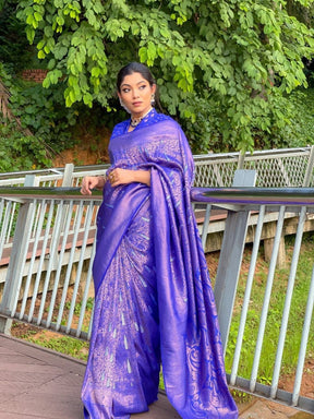 Latest Silver Zari Woven Banarasi Soft Silk Saree for Wedding - Vootbuy