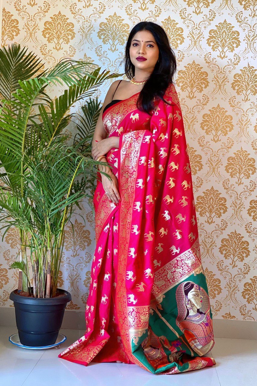red color bollywood silk blend saree for women