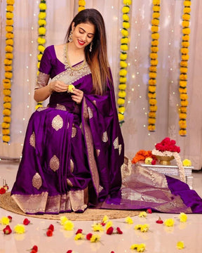 Purple Color Woven Design Banarasi Pure Silk Saree by Vootbuy