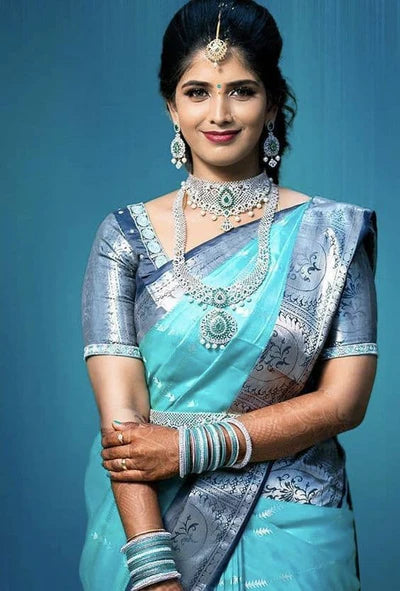 Sky Blue Heavy Zari Weaving Banarasi Soft Silk Saree for Wedding