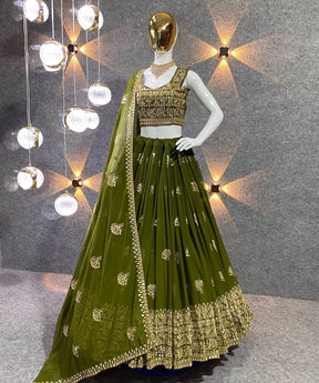 Mehndi Colour Embroidered Attractive Party Wear Silk Lehenga DC 159