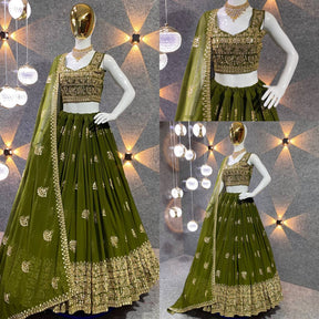 Mehndi Colour Embroidered Attractive Party Wear Silk Lehenga DC 159