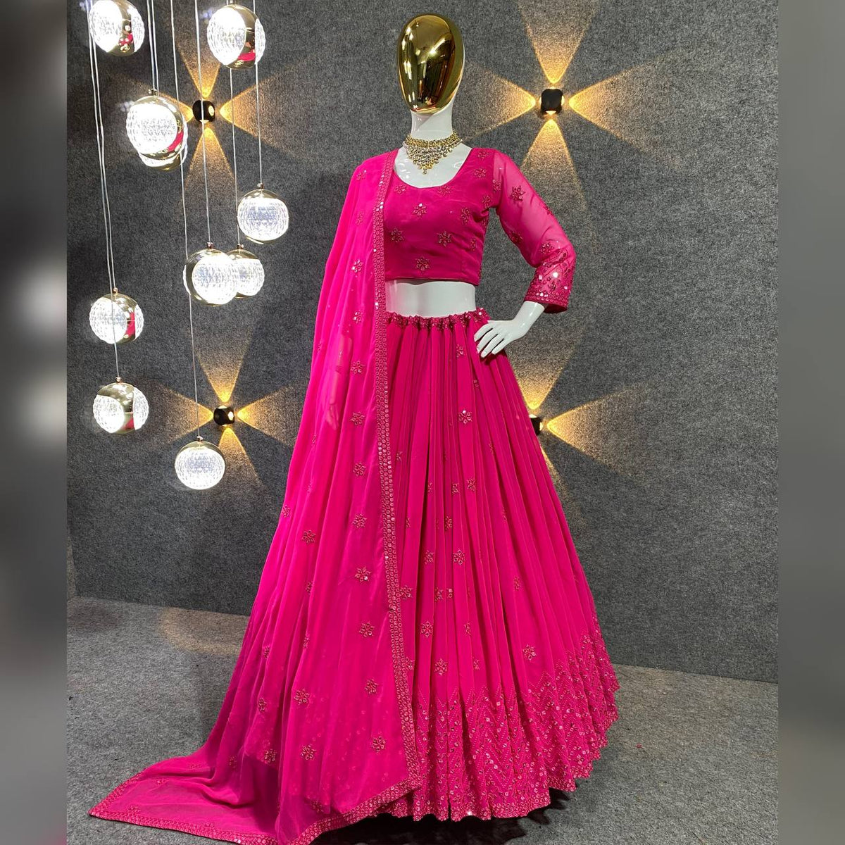 Rani Pink Colour Embroidered Attractive Party Wear Georgette Lehenga choli DC 548