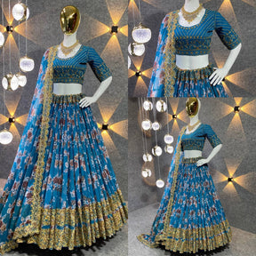 BLU Colored Party Wear Silk Material With Lehenga choli