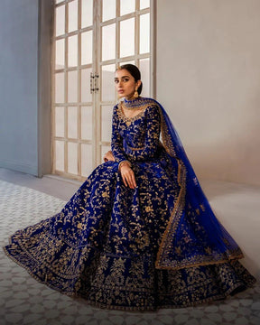Blue Colored Designer Partywear Embroidered Work Velvet Material Lehenga Choli LC 2037