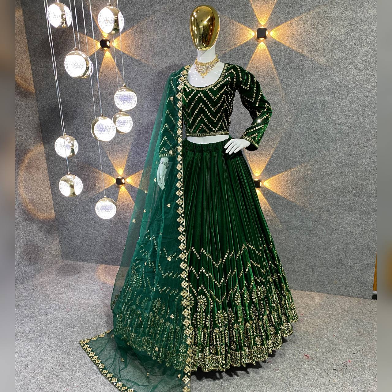 GreenColour Embroidered Attractive Party Wear viscose Velvet Lehenga choli